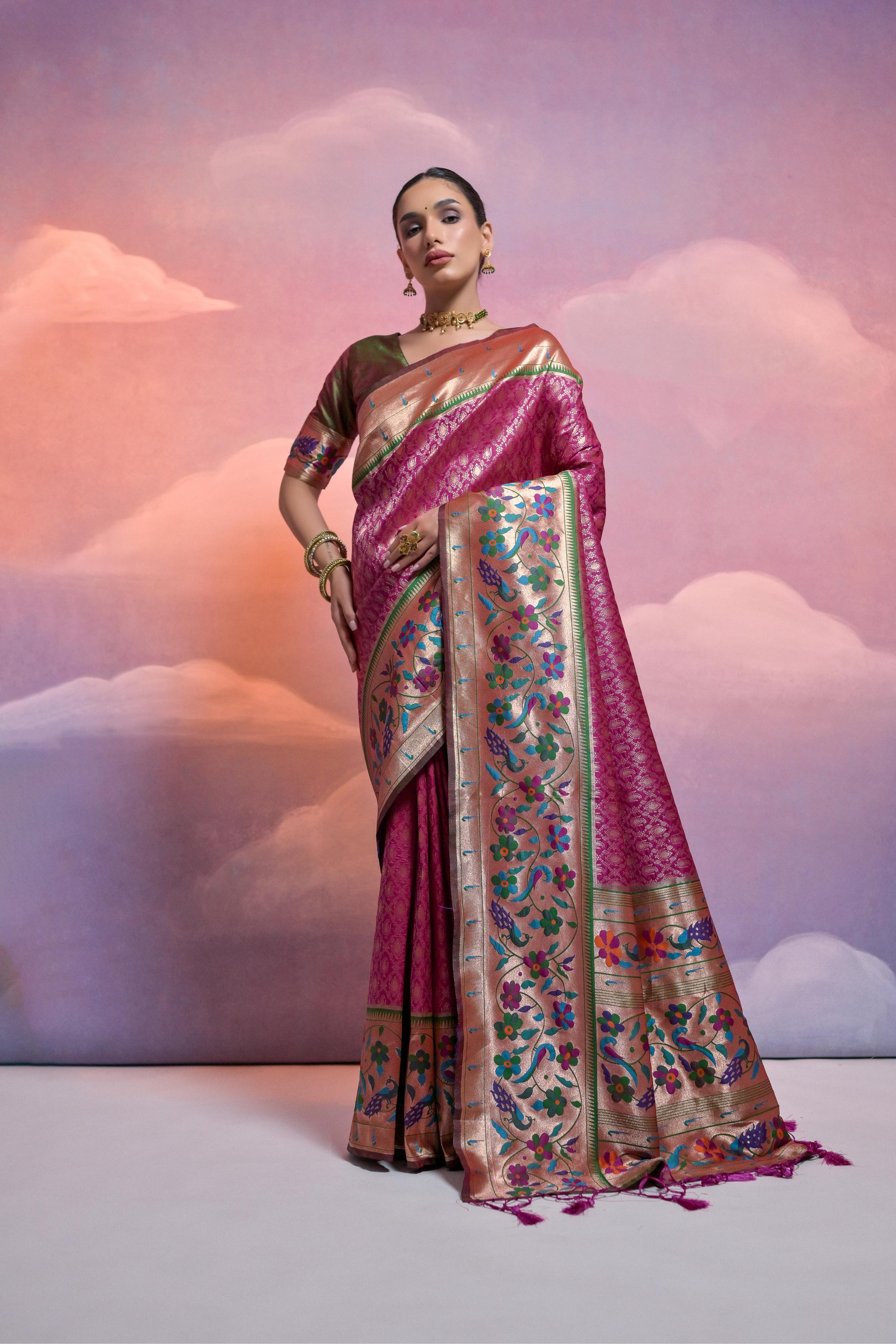 Jyoti Fashion Women's Wine Paithani Silk Zari Woven Saree with Blouse - Distacart