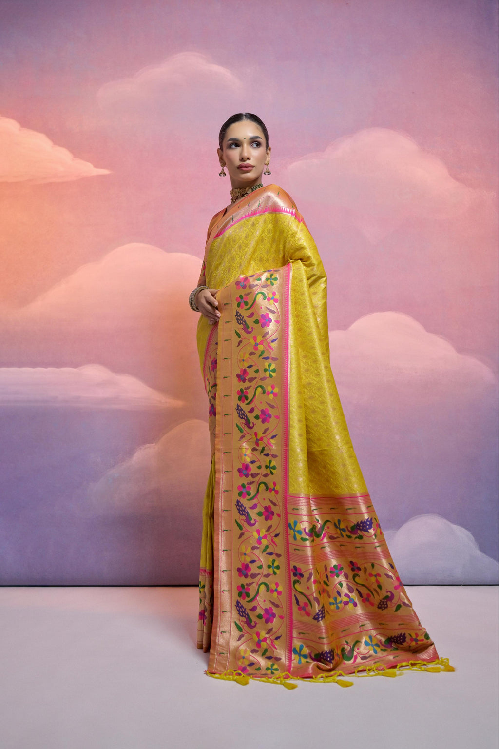 Jyoti Fashion Women's Yellow Paithani Silk Zari Woven Saree with Blouse - Distacart