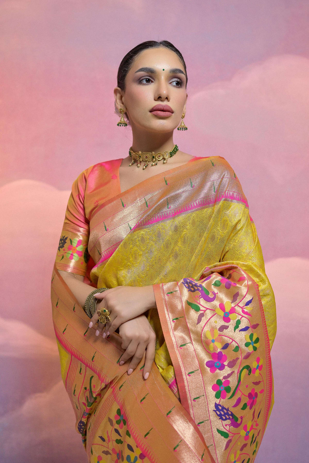 Jyoti Fashion Women's Yellow Paithani Silk Zari Woven Saree with Blouse - Distacart
