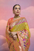 Jyoti Fashion Women's Yellow Paithani Silk Zari Woven Saree with Blouse - Distacart