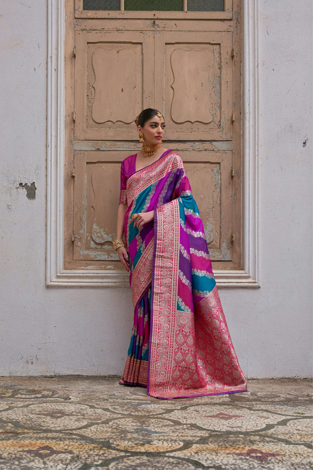 Jyoti Fashion Women's Multicolor Banarasi Silk Zari Woven Saree with Blouse - Distacart