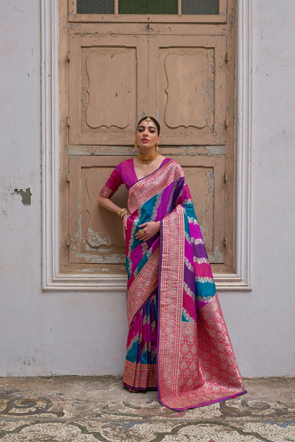 Jyoti Fashion Women's Multicolor Banarasi Silk Zari Woven Saree with Blouse - Distacart