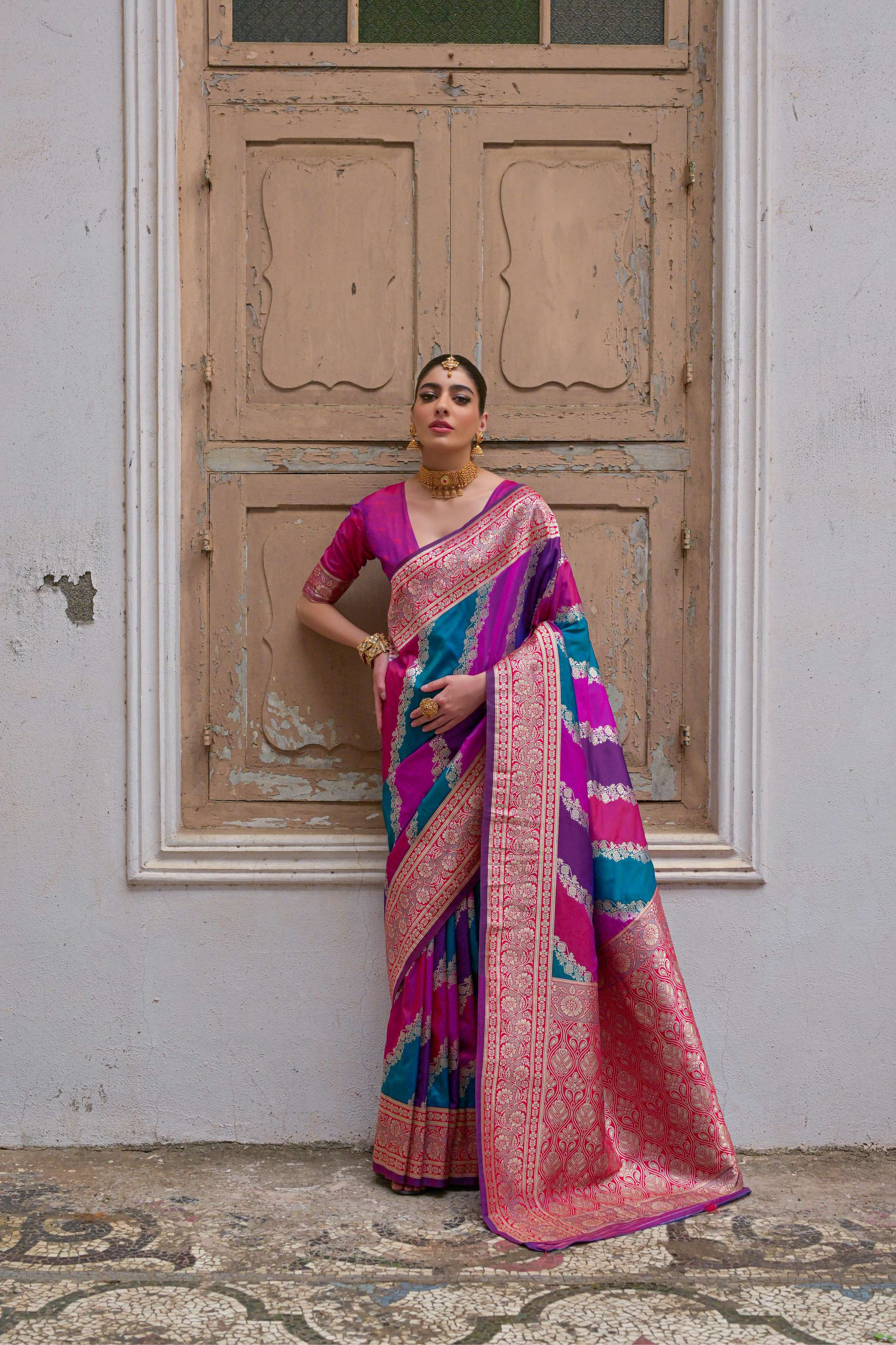 Jyoti Fashion Women's Multicolor Banarasi Silk Zari Woven Saree with Blouse - Distacart