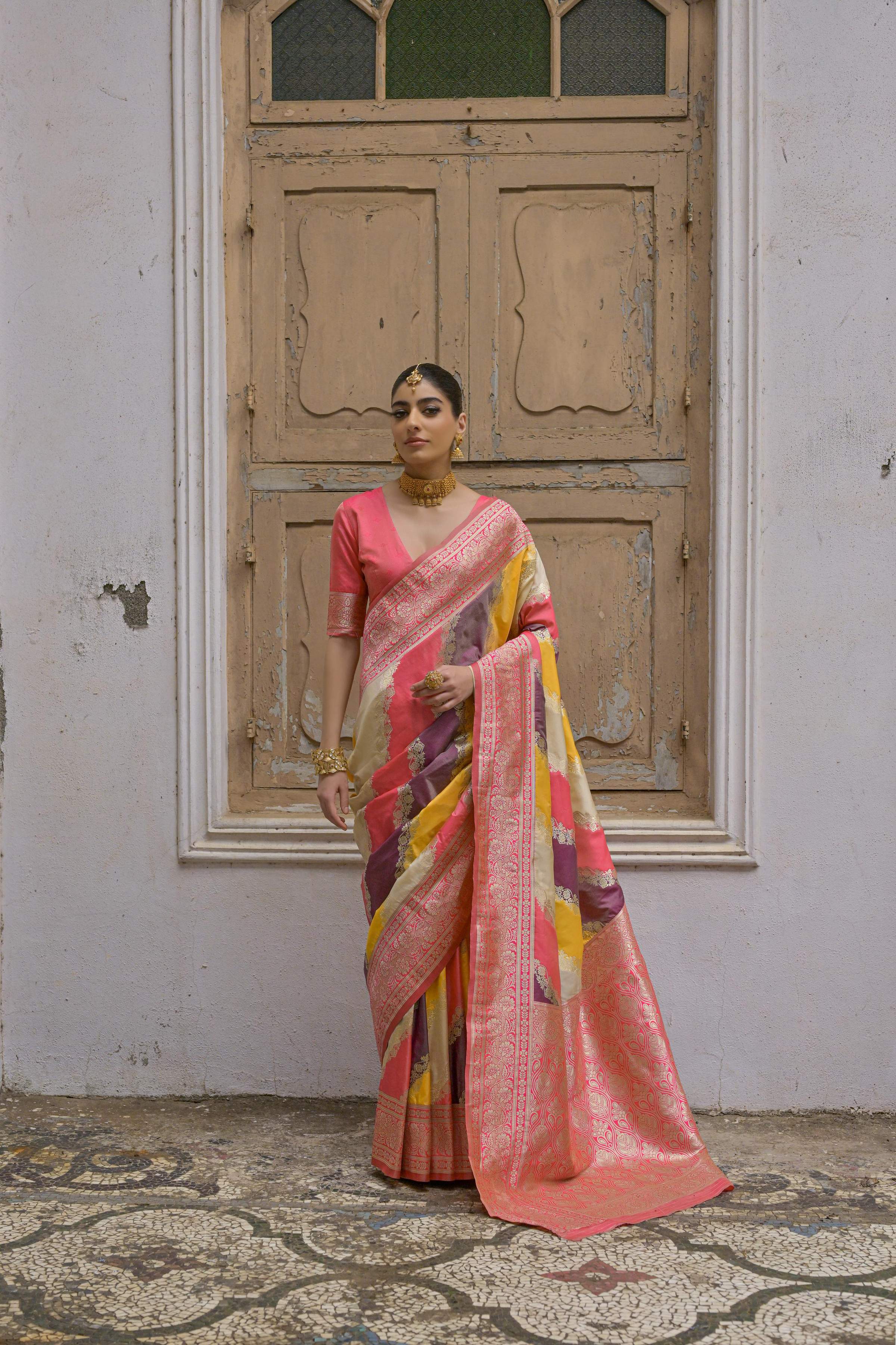 Jyoti Fashion Women's Multicolor Banarasi Silk Zari Woven Saree with Blouse - Distacart