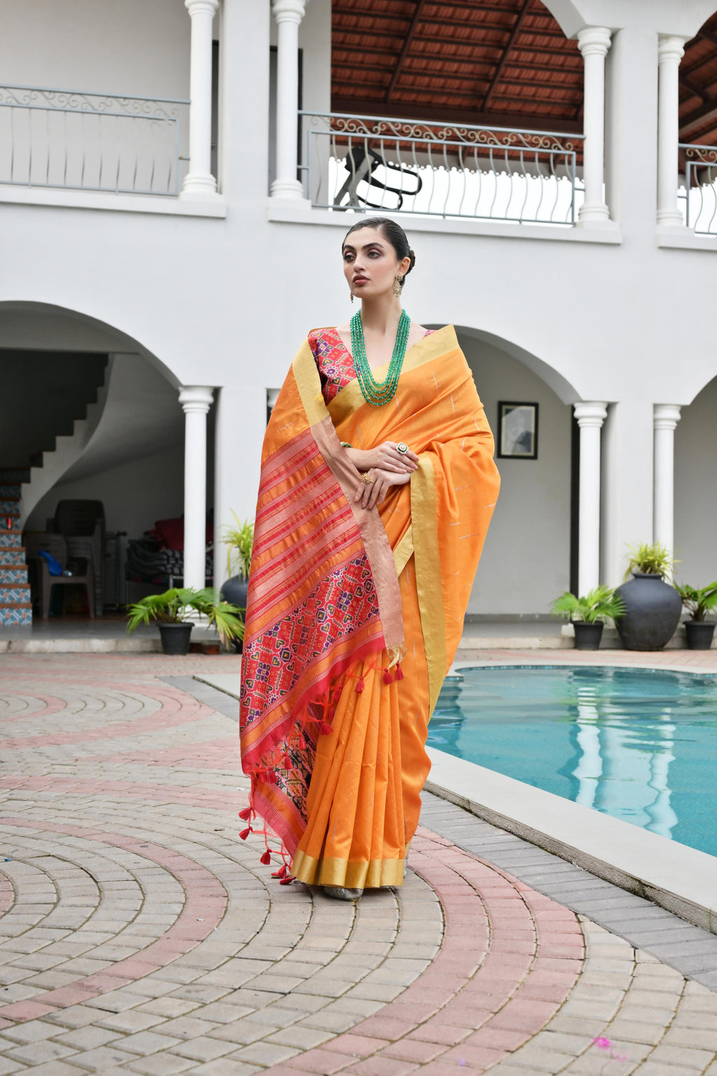 Jyoti Fashion Women's Orange Khadi Raw Silk Meena Weaving Patola Saree with Blouse - Distacart