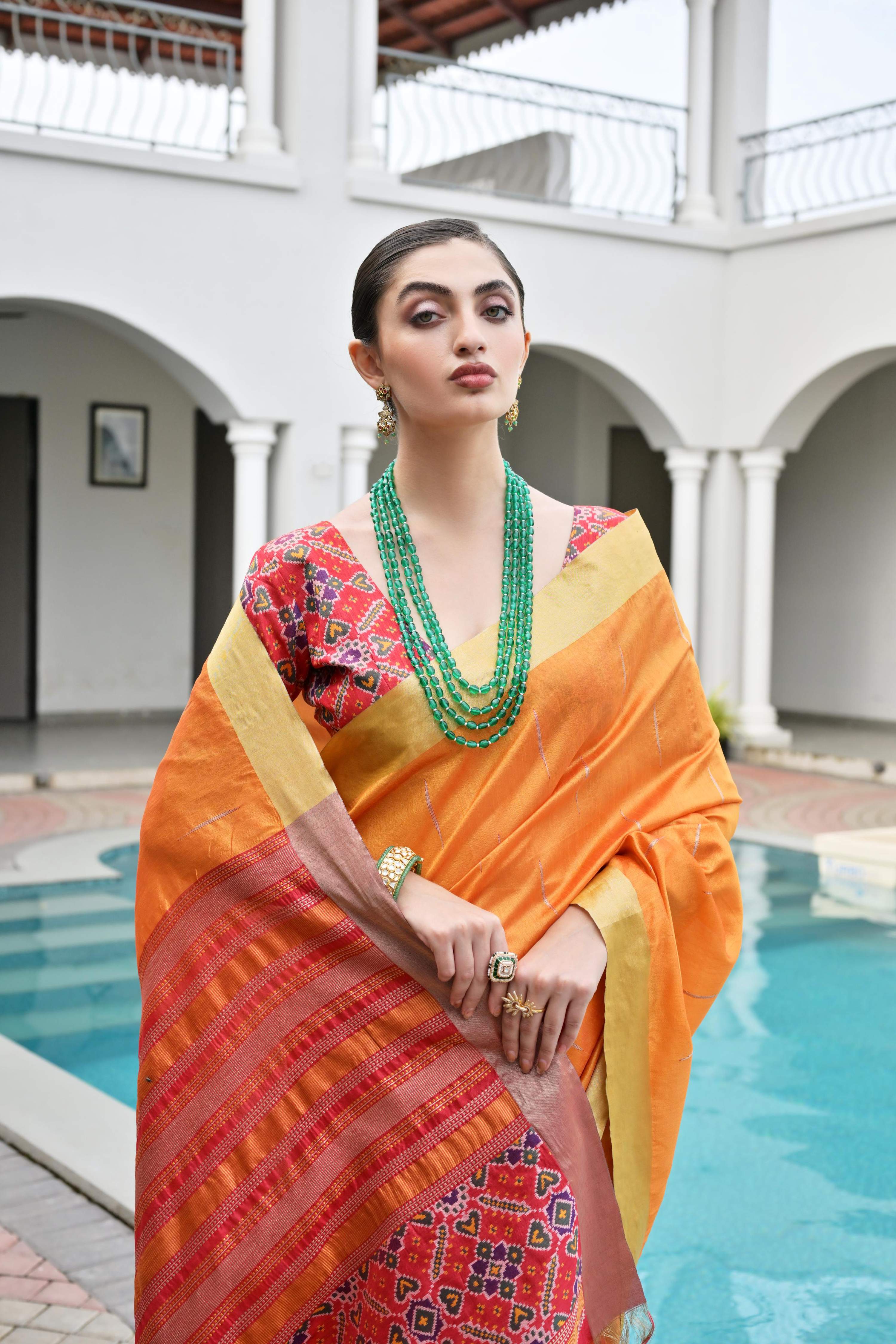 Jyoti Fashion Women's Orange Khadi Raw Silk Meena Weaving Patola Saree with Blouse - Distacart
