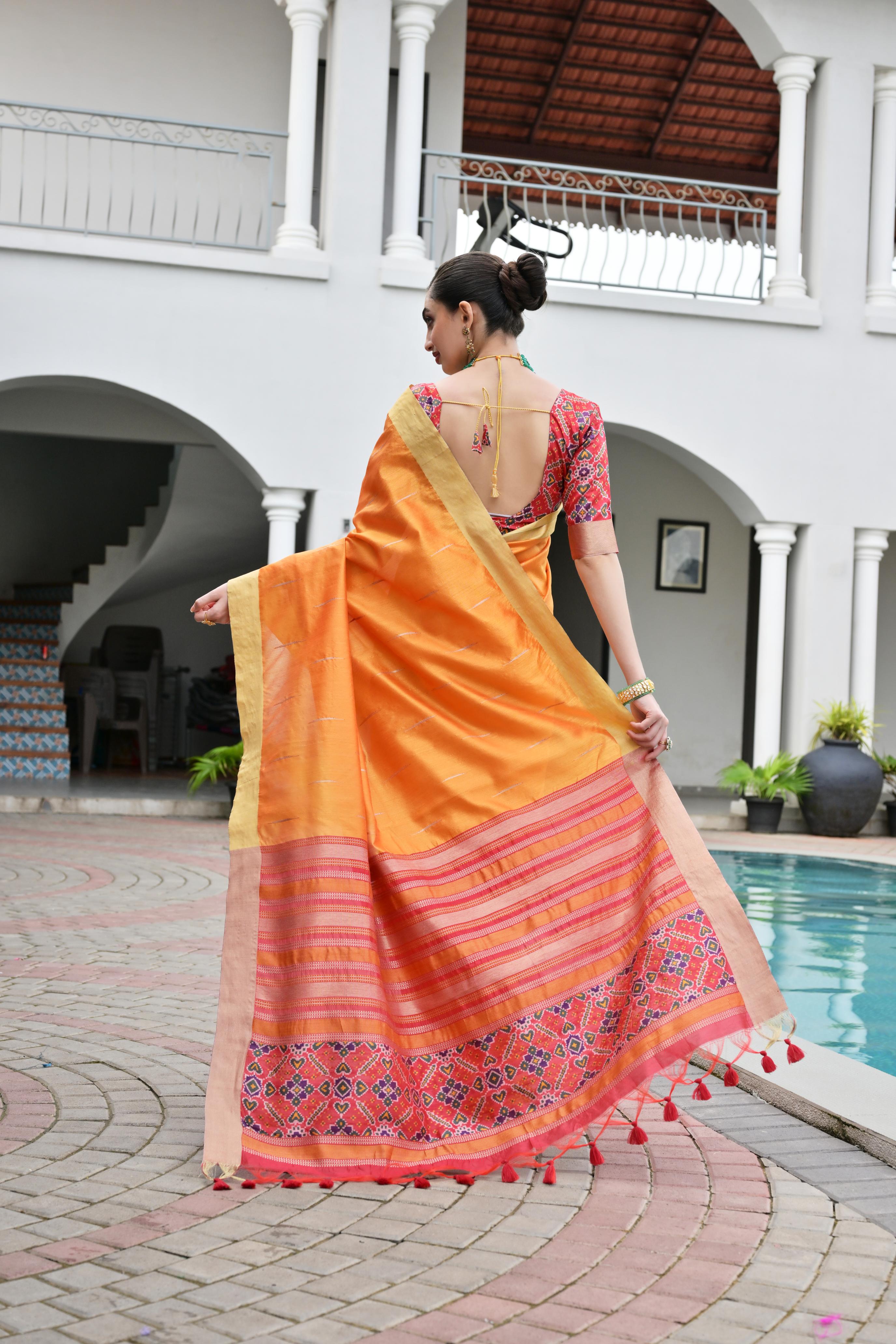 Jyoti Fashion Women's Orange Khadi Raw Silk Meena Weaving Patola Saree with Blouse - Distacart
