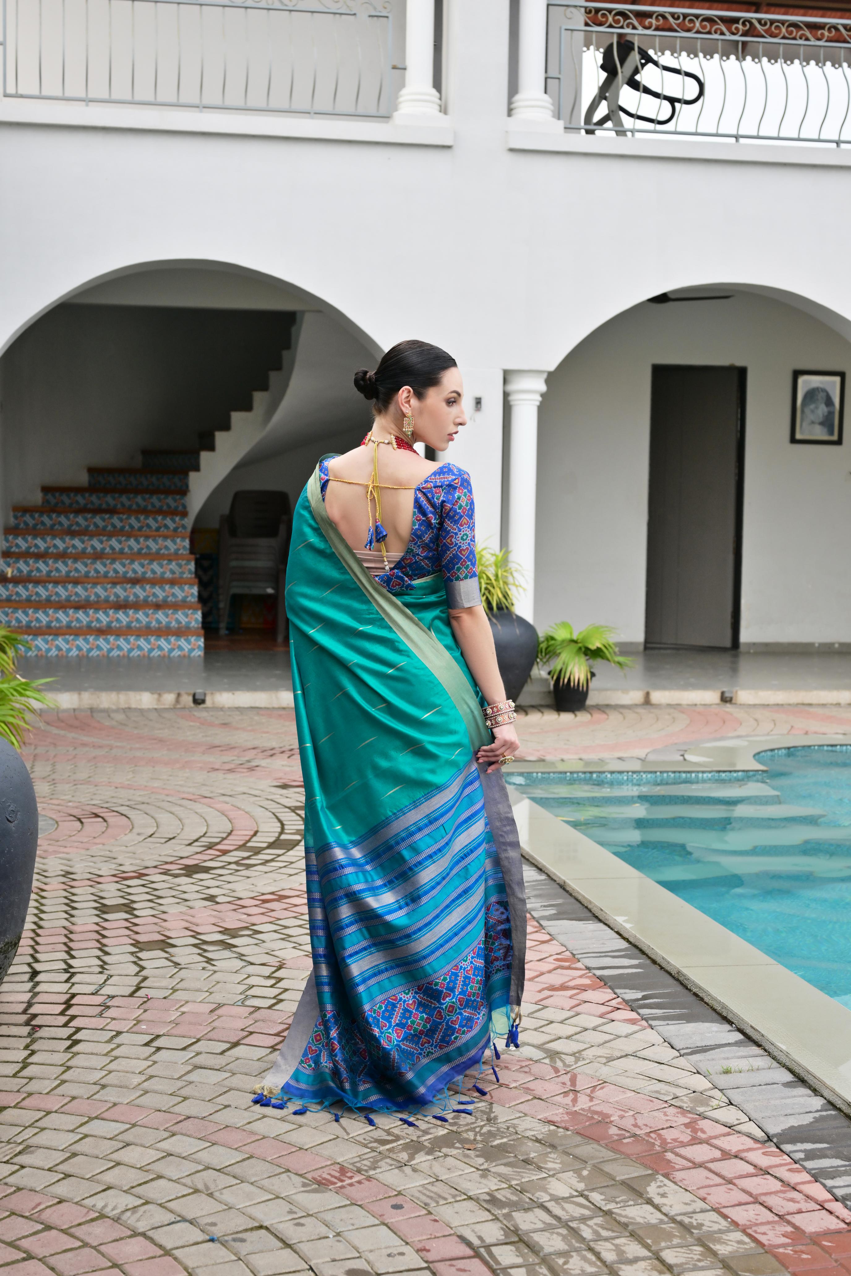 Jyoti Fashion Women's Firozi Khadi Raw Silk Meena Weaving Patola Saree with Blouse - Distacart