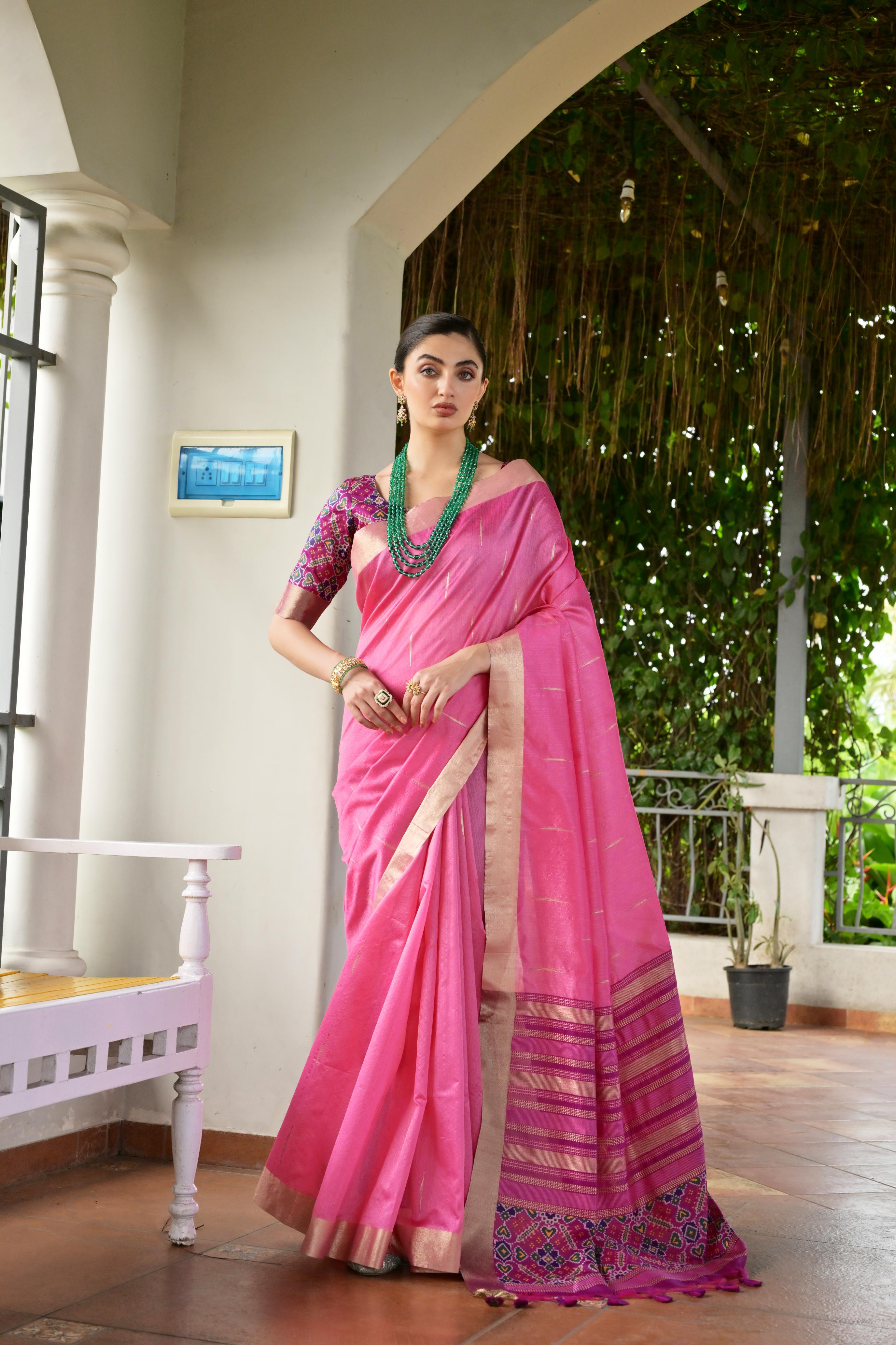 Jyoti Fashion Women's Pink Khadi Raw Silk Meena Weaving Patola Saree with Blouse - Distacart