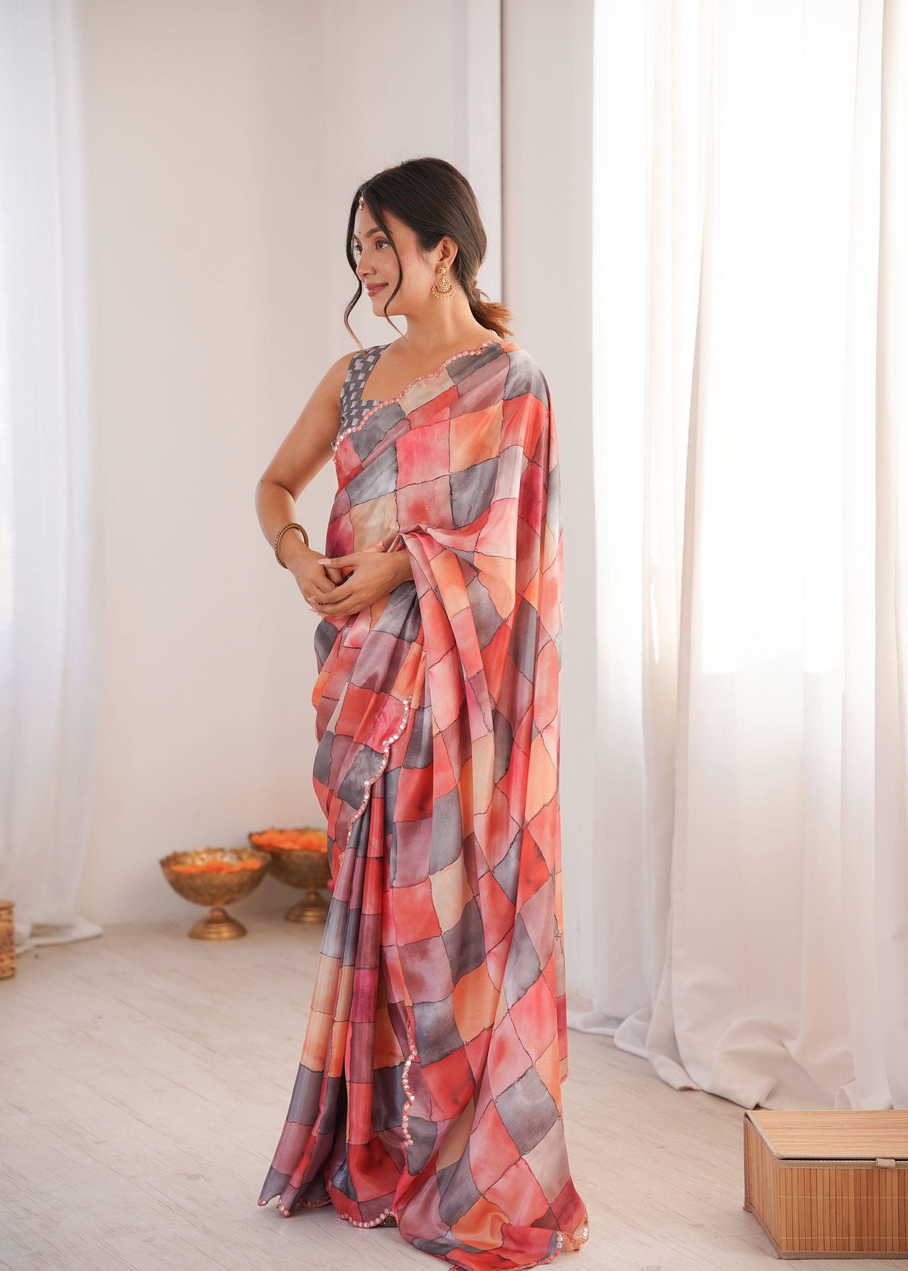 Jyoti Fashion Women's Multicolor Chinon Digital Printed Designer Saree with Blouse - Distacart