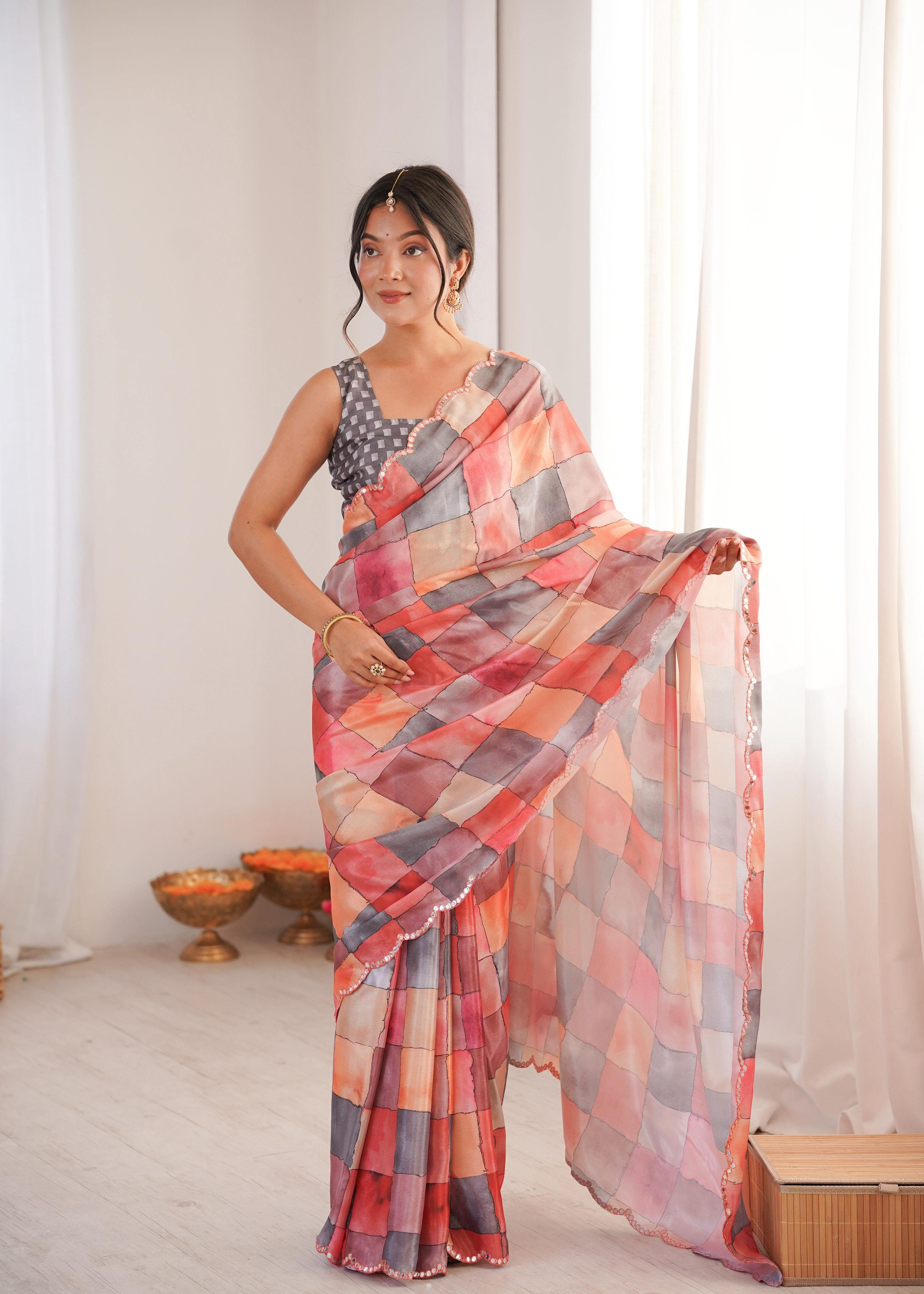 Jyoti Fashion Women's Multicolor Chinon Digital Printed Designer Saree with Blouse - Distacart