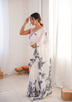 Jyoti Fashion Women's White Chinon Digital Printed Designer Saree with Blouse - Distacart