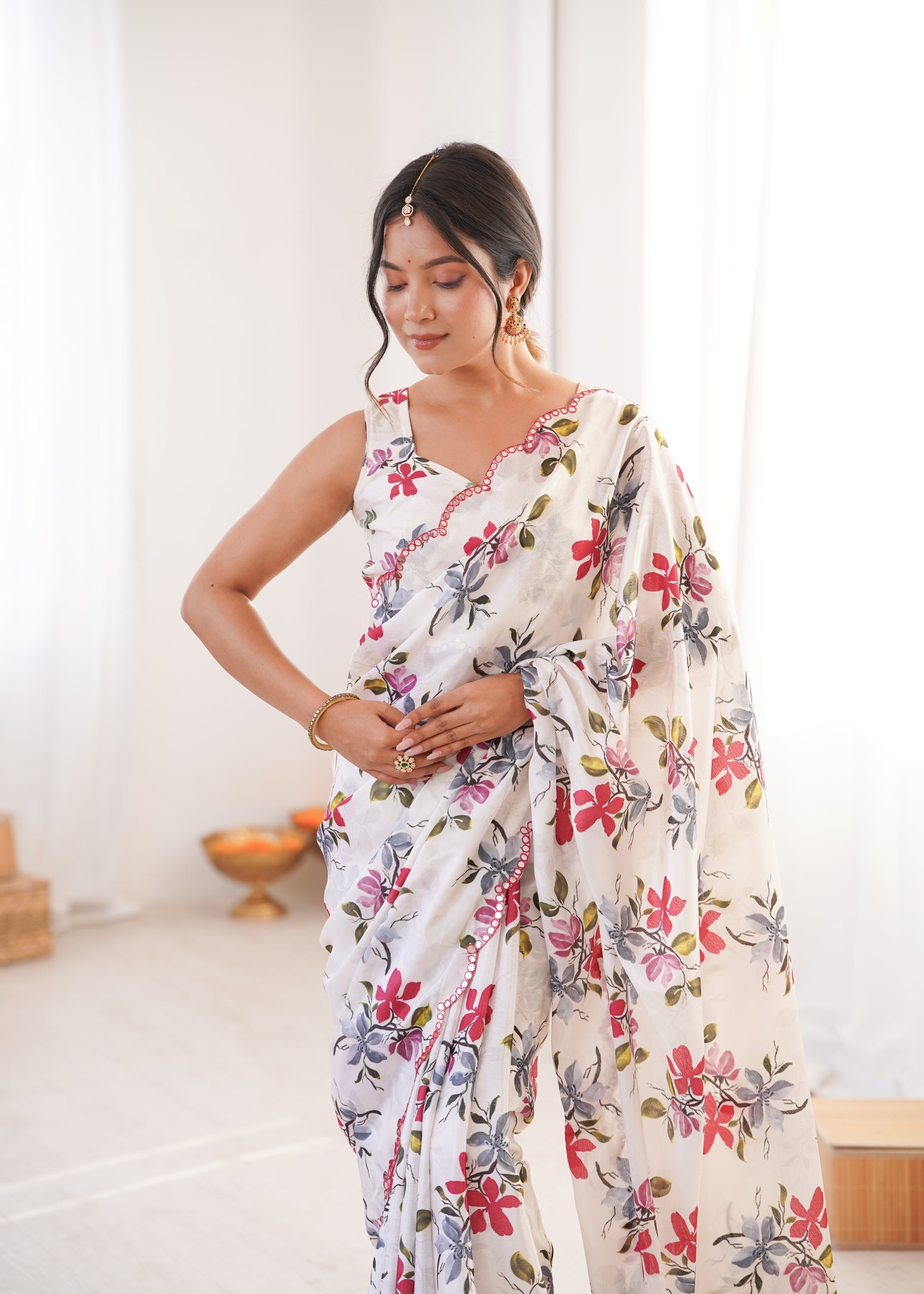 Jyoti Fashion Women's Multicolor Chinon Digital Printed Designer Saree with Blouse - Distacart