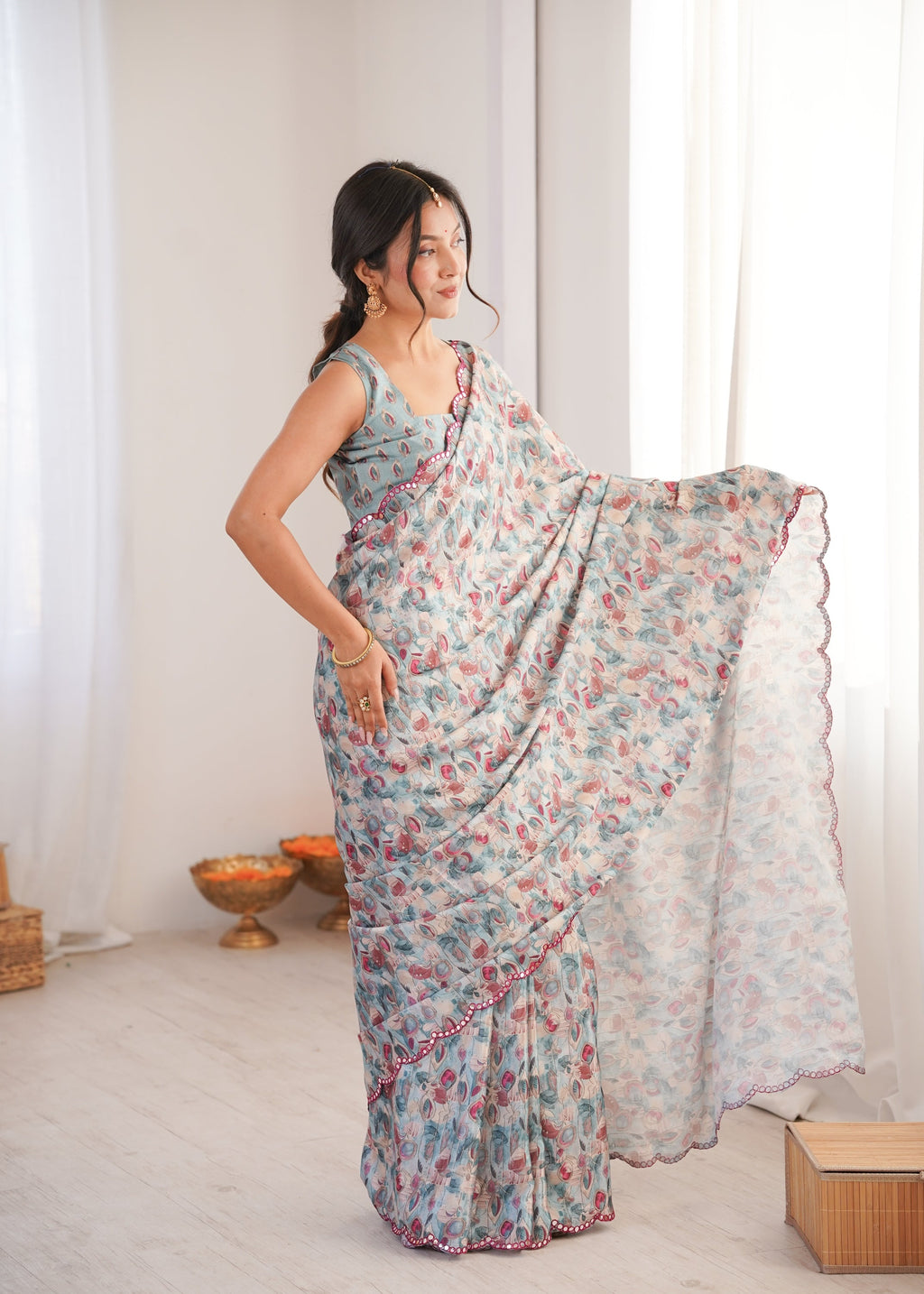 Jyoti Fashion Women's Grey Chinon Digital Printed Designer Saree with Blouse - Distacart