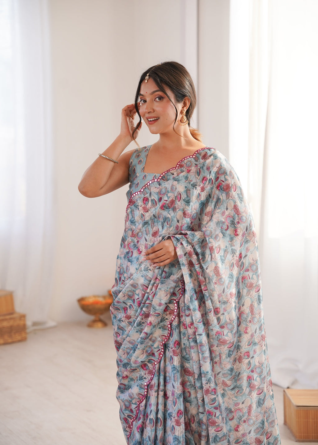 Jyoti Fashion Women's Grey Chinon Digital Printed Designer Saree with Blouse - Distacart