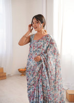 Jyoti Fashion Women's Grey Chinon Digital Printed Designer Saree with Blouse - Distacart