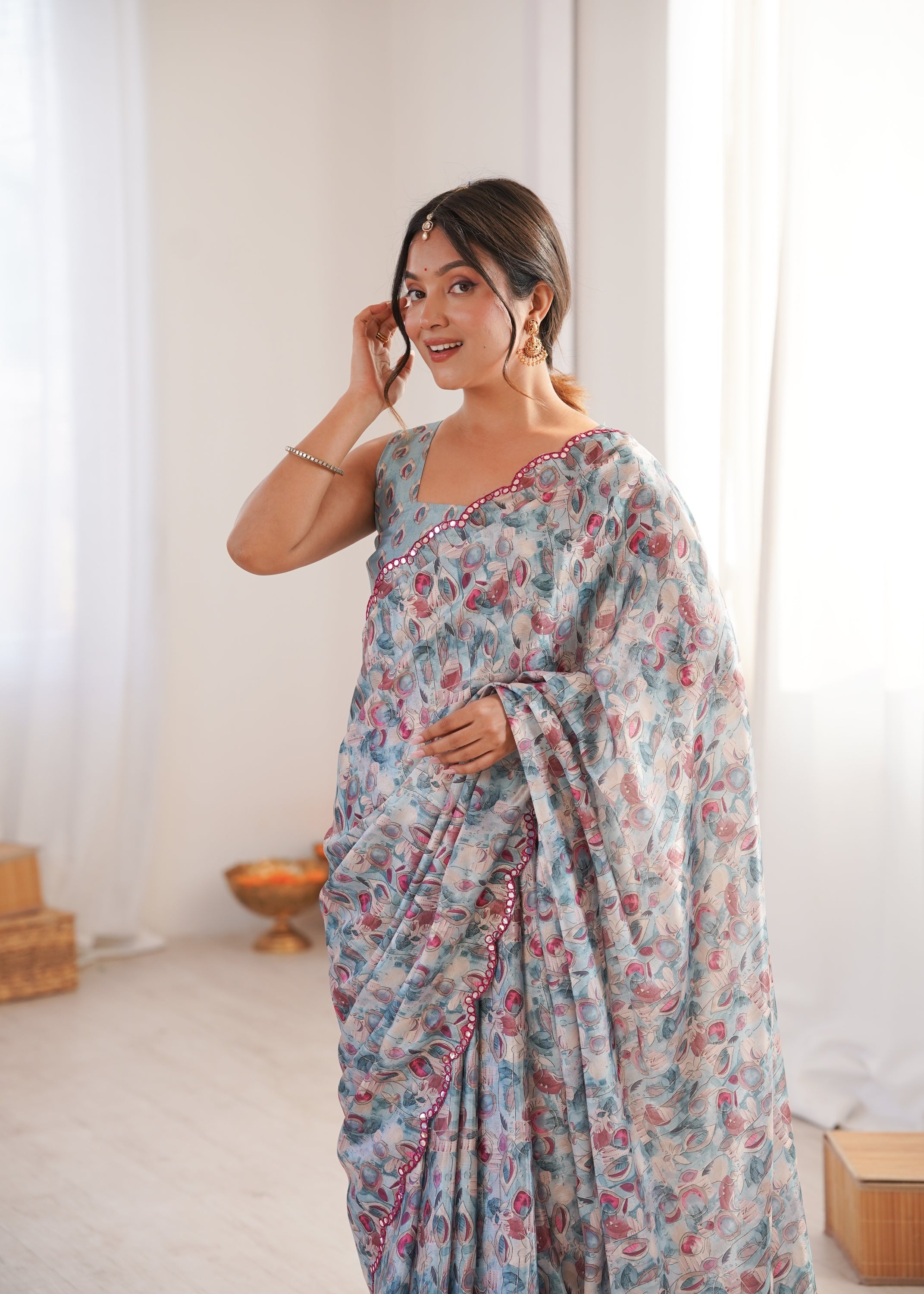 Jyoti Fashion Women's Grey Chinon Digital Printed Designer Saree with Blouse - Distacart