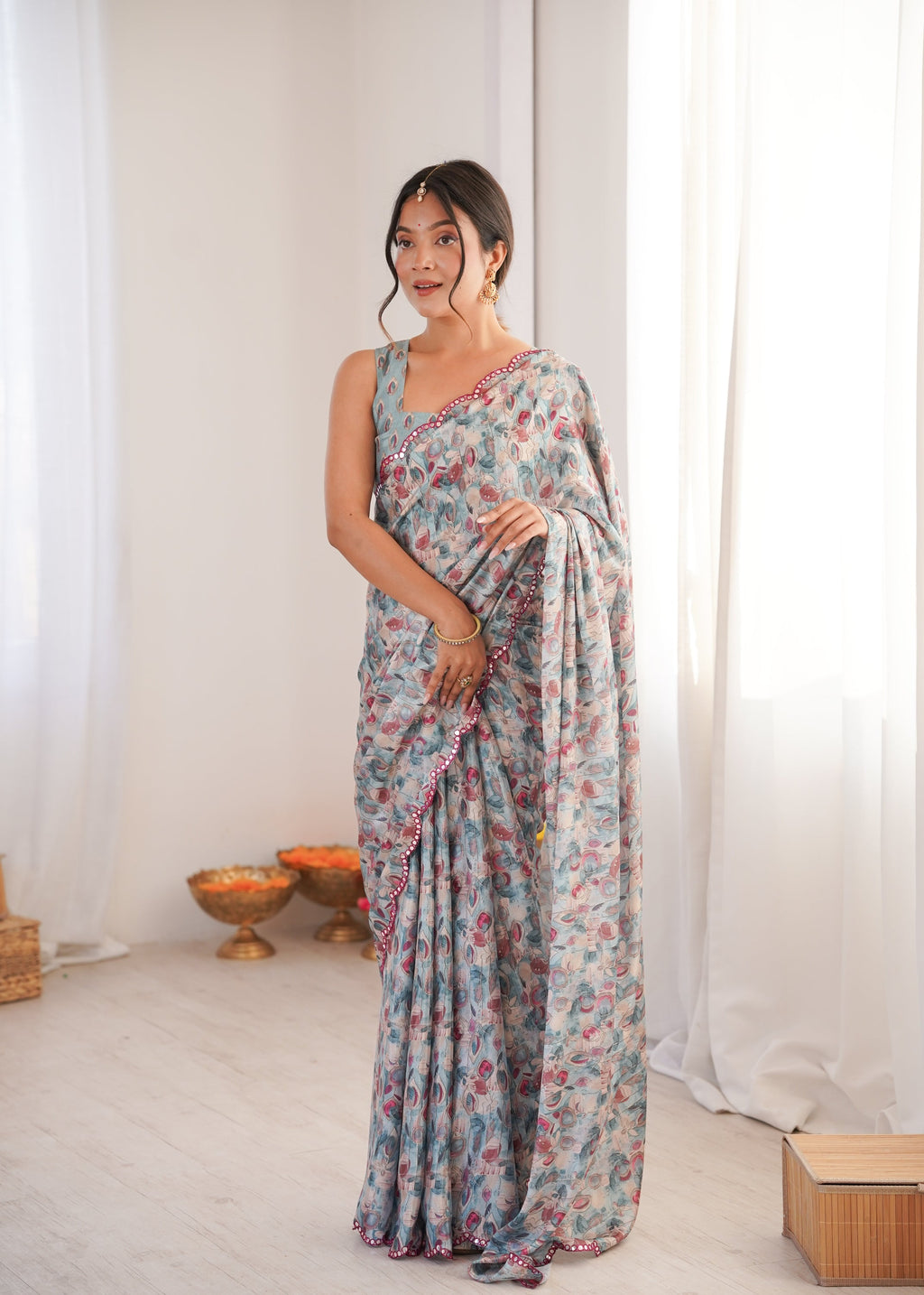 Jyoti Fashion Women's Grey Chinon Digital Printed Designer Saree with Blouse - Distacart