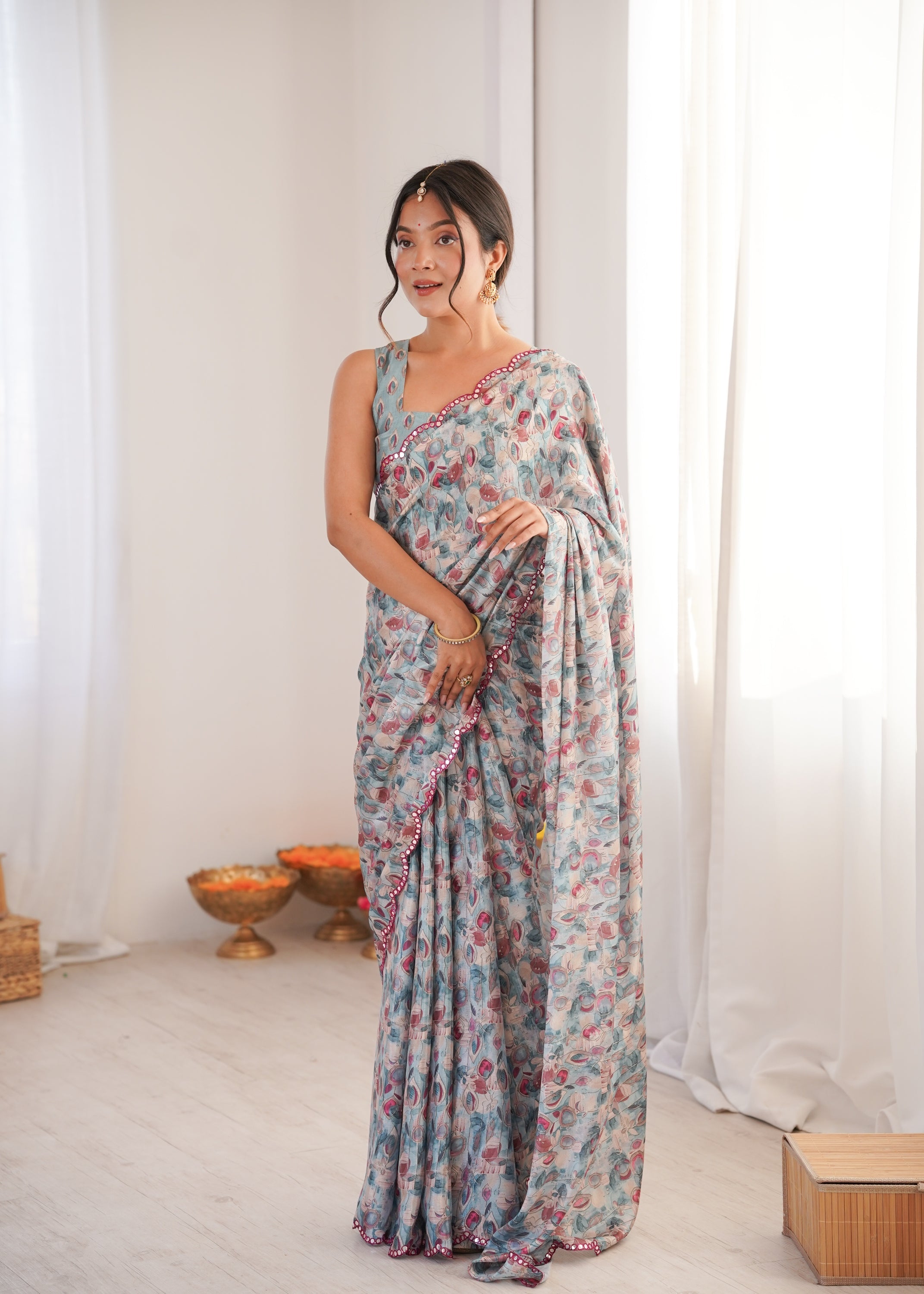 Jyoti Fashion Women's Grey Chinon Digital Printed Designer Saree with Blouse - Distacart
