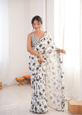 Jyoti Fashion Women's Off White Chinon Digital Printed Designer Saree with Blouse - Distacart