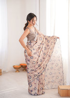 Jyoti Fashion Women's Beige Chinon Digital Printed Designer Saree with Blouse - Distacart