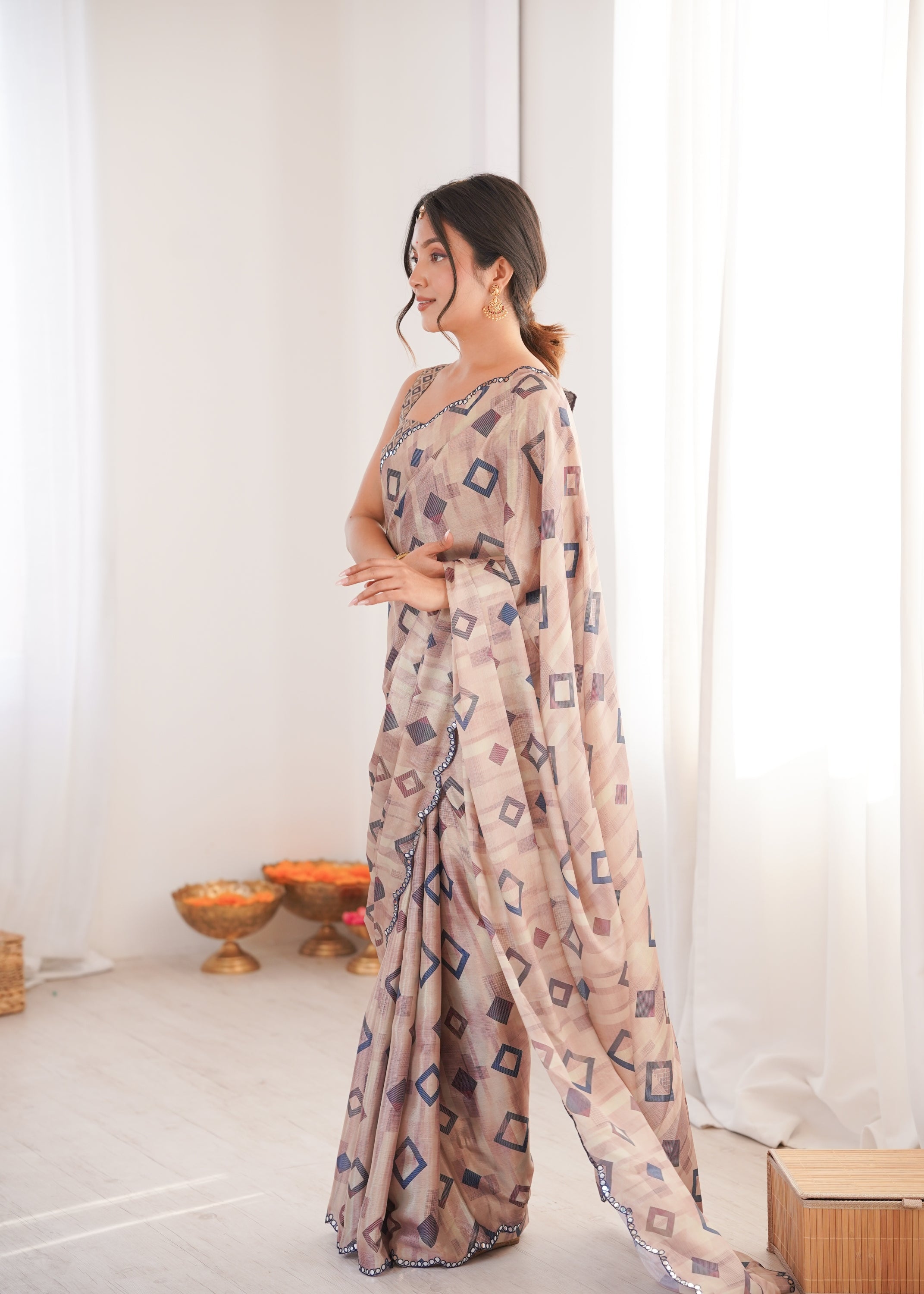 Jyoti Fashion Women's Beige Chinon Digital Printed Designer Saree with Blouse - Distacart