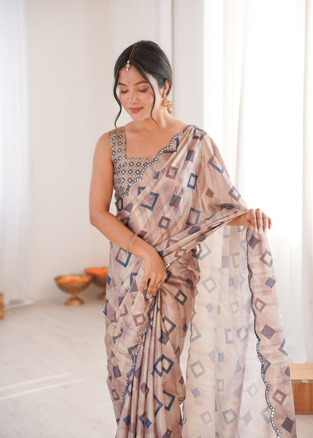 Jyoti Fashion Women's Beige Chinon Digital Printed Designer Saree with Blouse - Distacart