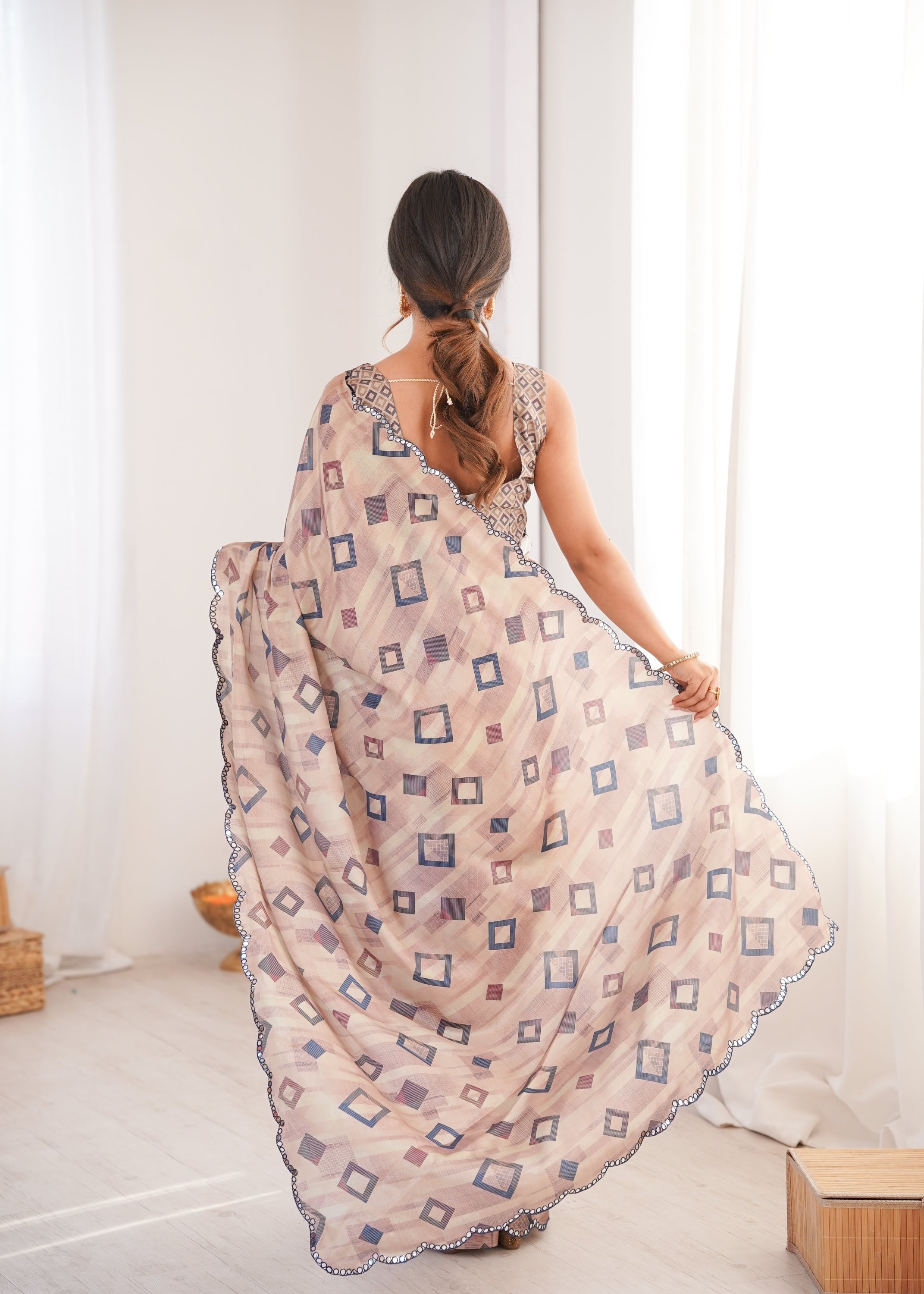 Jyoti Fashion Women's Beige Chinon Digital Printed Designer Saree with Blouse - Distacart