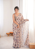 Jyoti Fashion Women's Beige Chinon Digital Printed Designer Saree with Blouse - Distacart