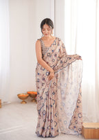 Jyoti Fashion Women's Beige Chinon Digital Printed Designer Saree with Blouse - Distacart