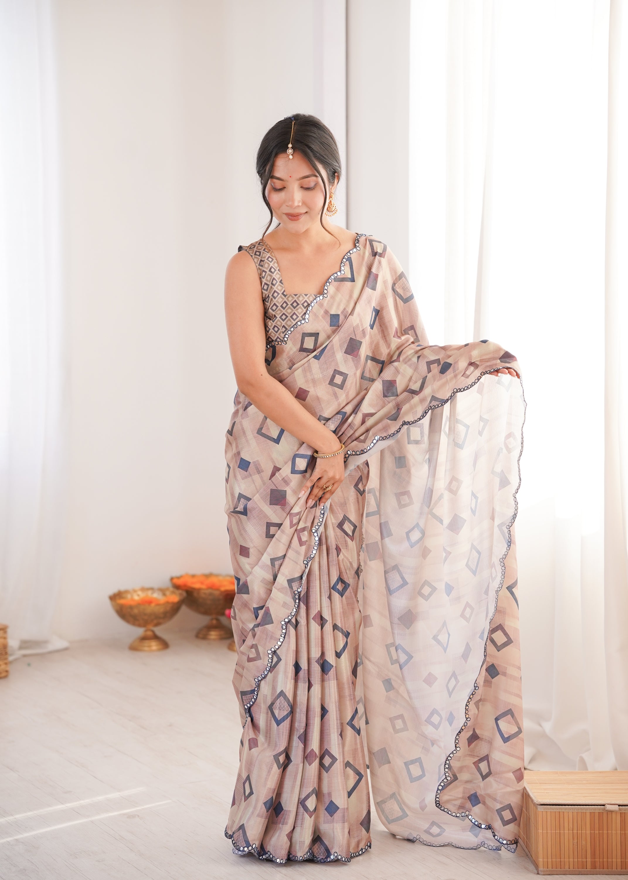 Jyoti Fashion Women's Beige Chinon Digital Printed Designer Saree with Blouse - Distacart