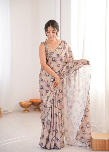 Jyoti Fashion Women's Beige Chinon Digital Printed Designer Saree with Blouse