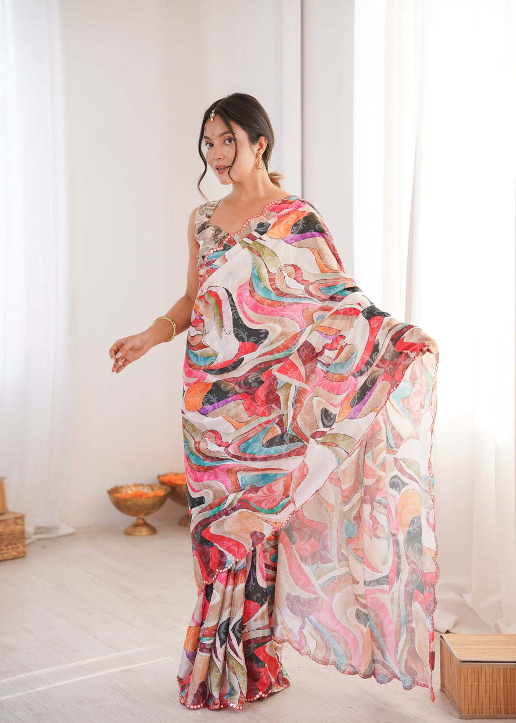 Jyoti Fashion Women's Multicolor Chinon Digital Printed Designer Saree with Blouse - Distacart