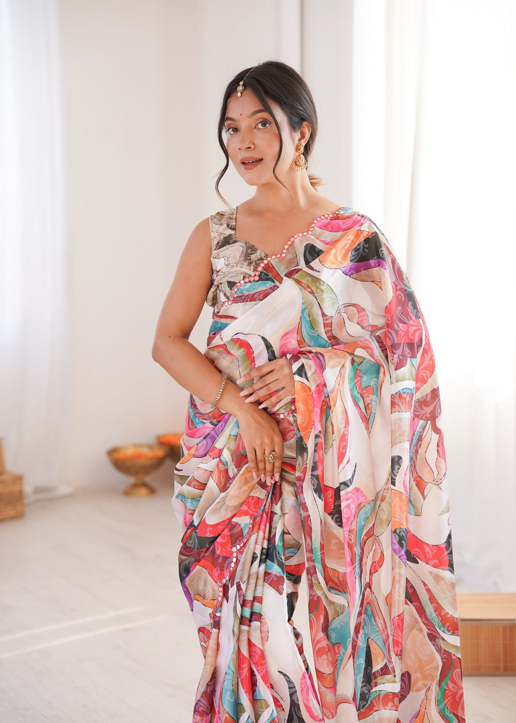 Jyoti Fashion Women's Multicolor Chinon Digital Printed Designer Saree with Blouse - Distacart