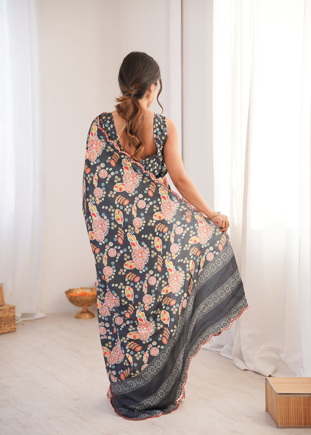 Jyoti Fashion Women's Black Chinon Digital Printed Designer Saree with Blouse - Distacart