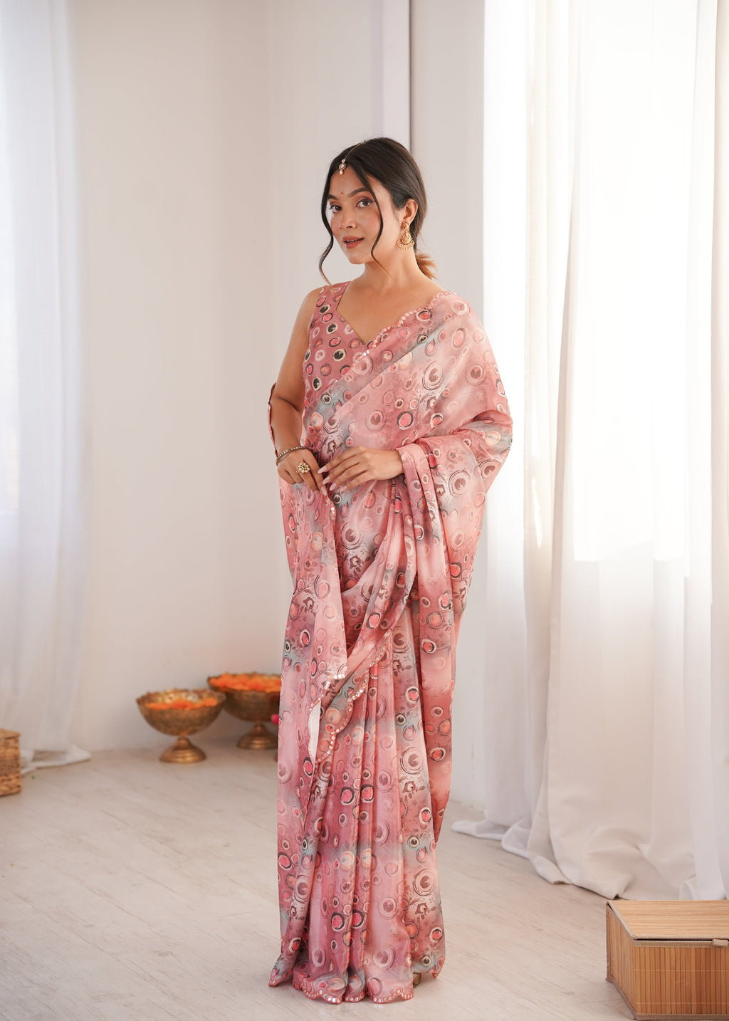 Jyoti Fashion Women's Peach Chinon Digital Printed Designer Saree with Blouse - Distacart