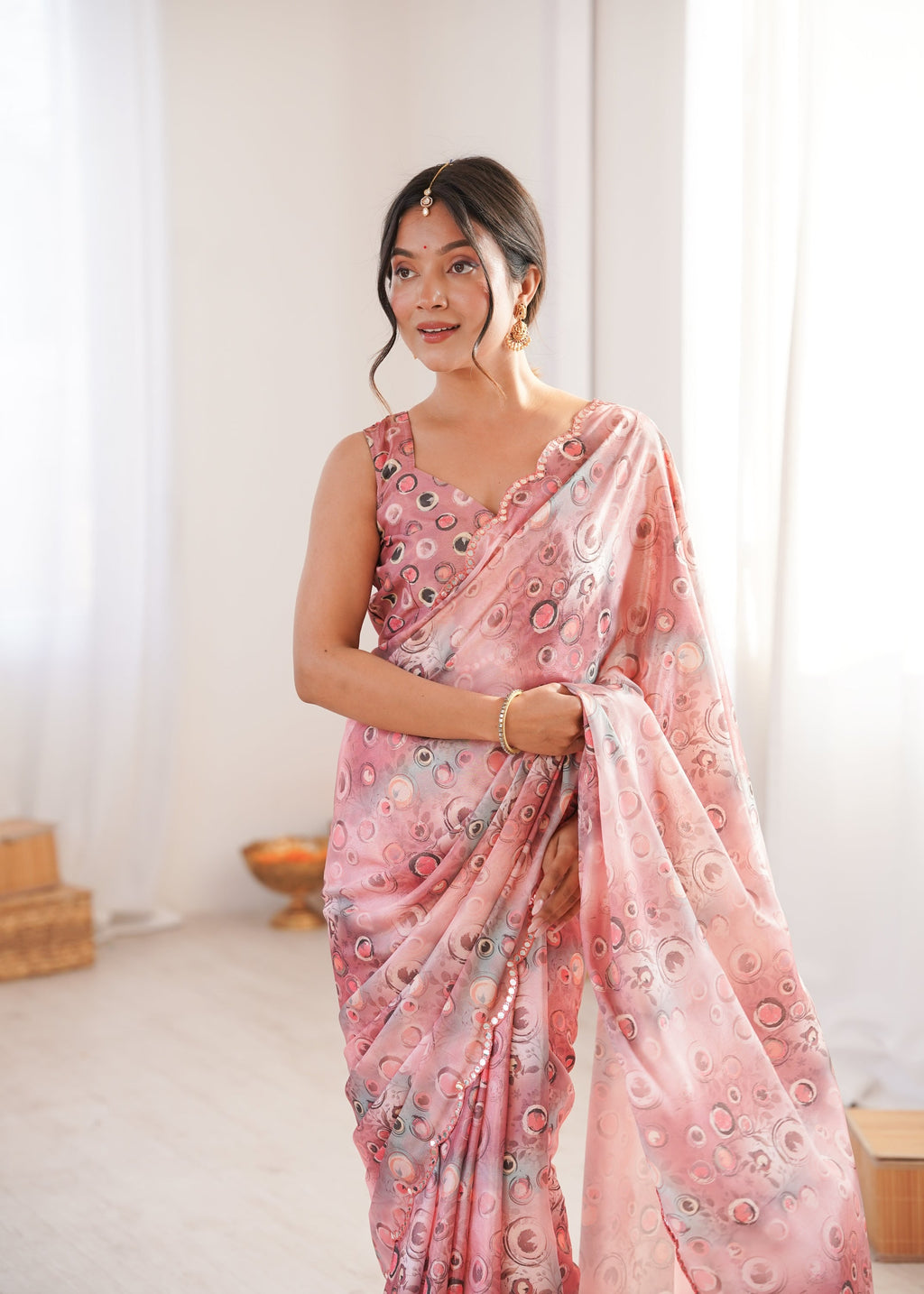 Jyoti Fashion Women's Peach Chinon Digital Printed Designer Saree with Blouse - Distacart