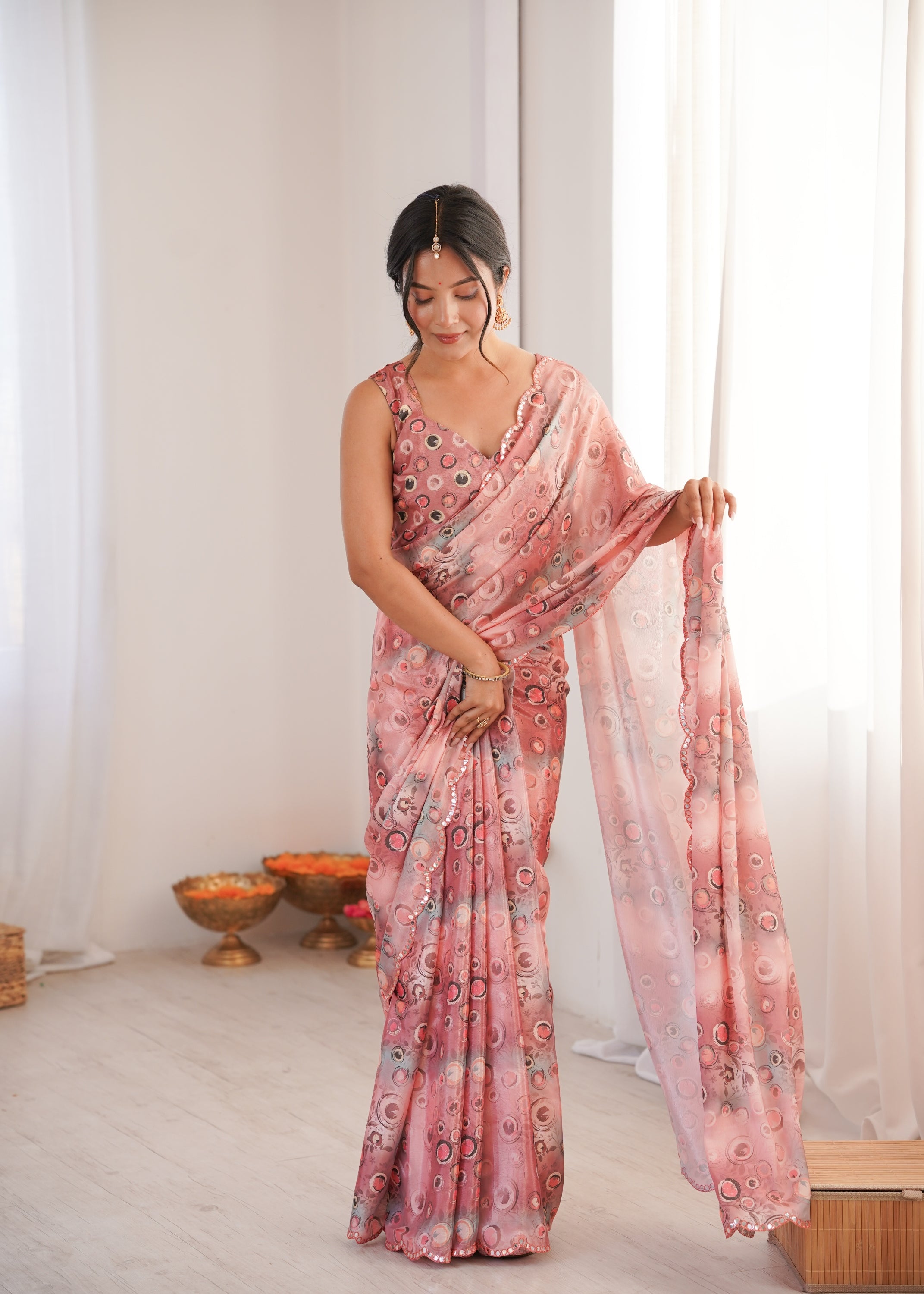 Jyoti Fashion Women's Peach Chinon Digital Printed Designer Saree with Blouse - Distacart