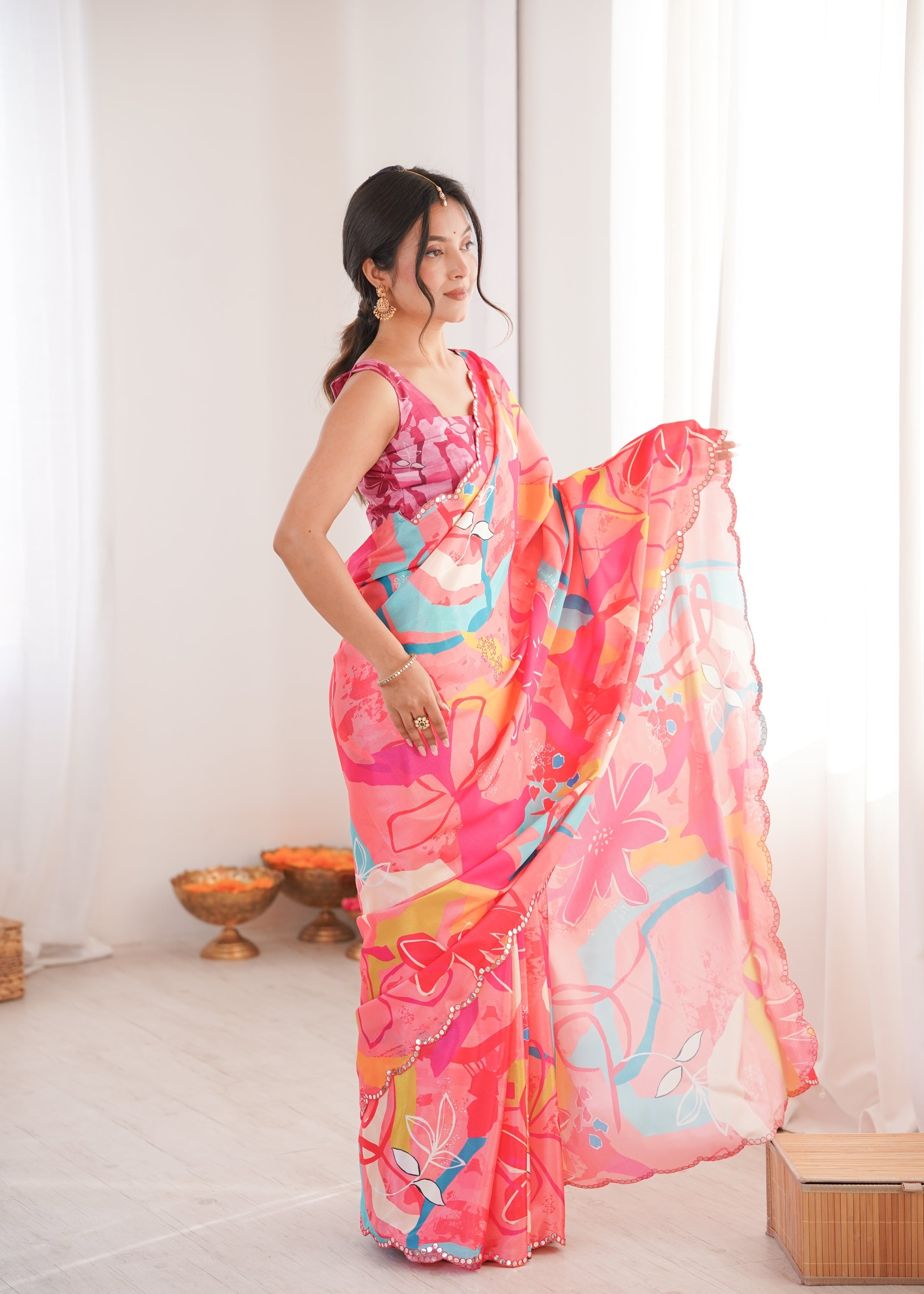 Jyoti Fashion Women's Multicolor Chinon Digital Printed Designer Saree with Blouse - Distacart