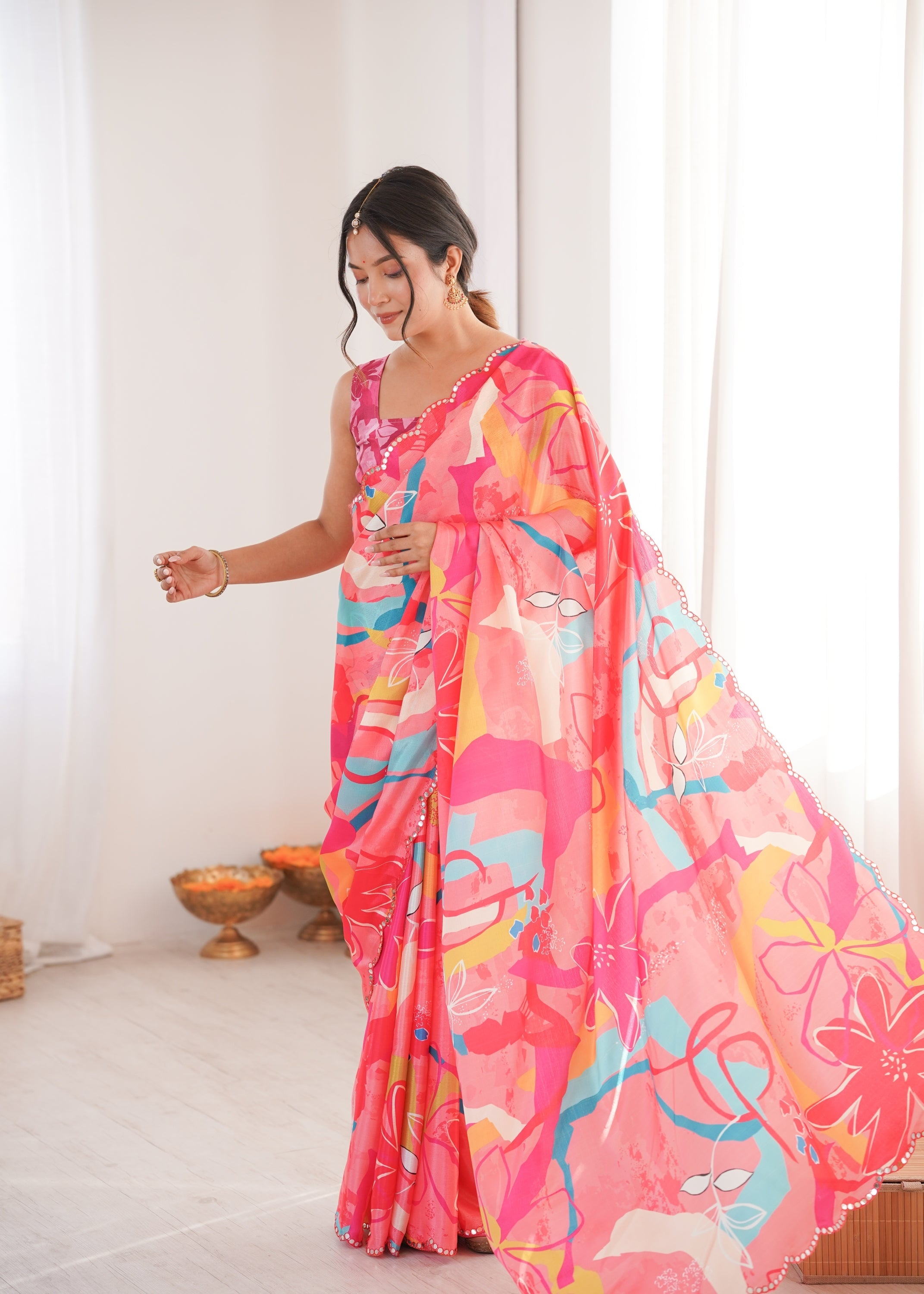 Jyoti Fashion Women's Multicolor Chinon Digital Printed Designer Saree with Blouse - Distacart