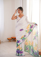 Jyoti Fashion Women's White Chinon Digital Printed Designer Saree with Blouse - Distacart