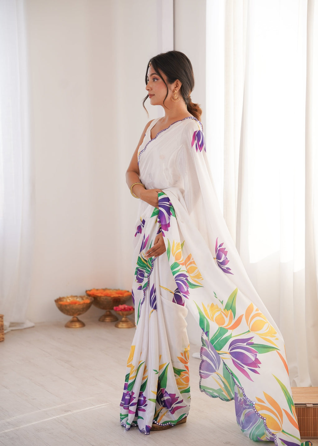 Jyoti Fashion Women's White Chinon Digital Printed Designer Saree with Blouse - Distacart