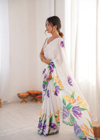Jyoti Fashion Women's White Chinon Digital Printed Designer Saree with Blouse - Distacart