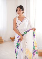Jyoti Fashion Women's White Chinon Digital Printed Designer Saree with Blouse - Distacart