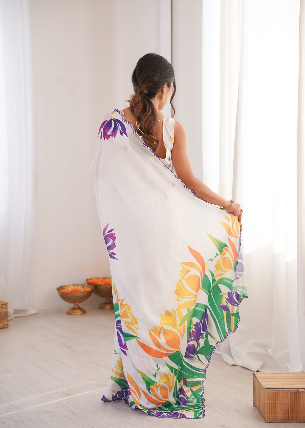 Jyoti Fashion Women's White Chinon Digital Printed Designer Saree with Blouse - Distacart