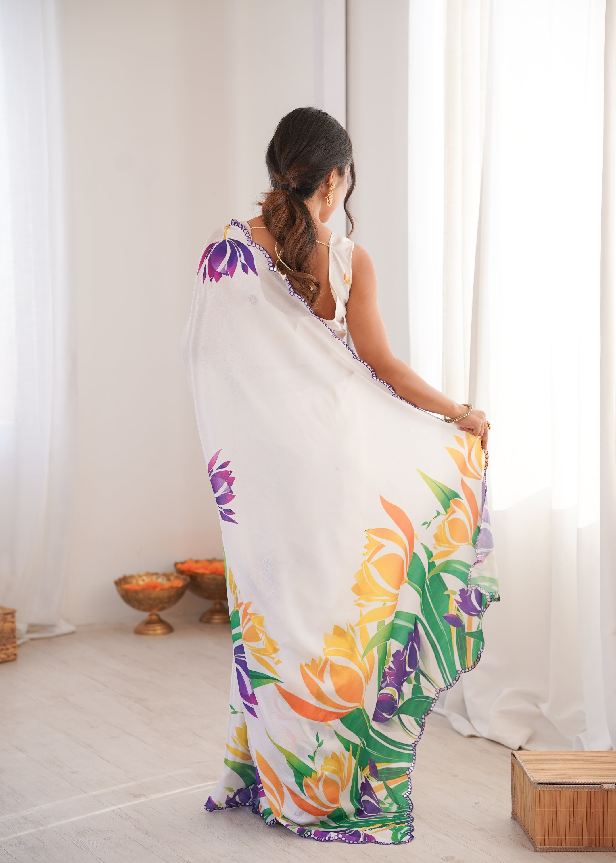Jyoti Fashion Women's White Chinon Digital Printed Designer Saree with Blouse - Distacart