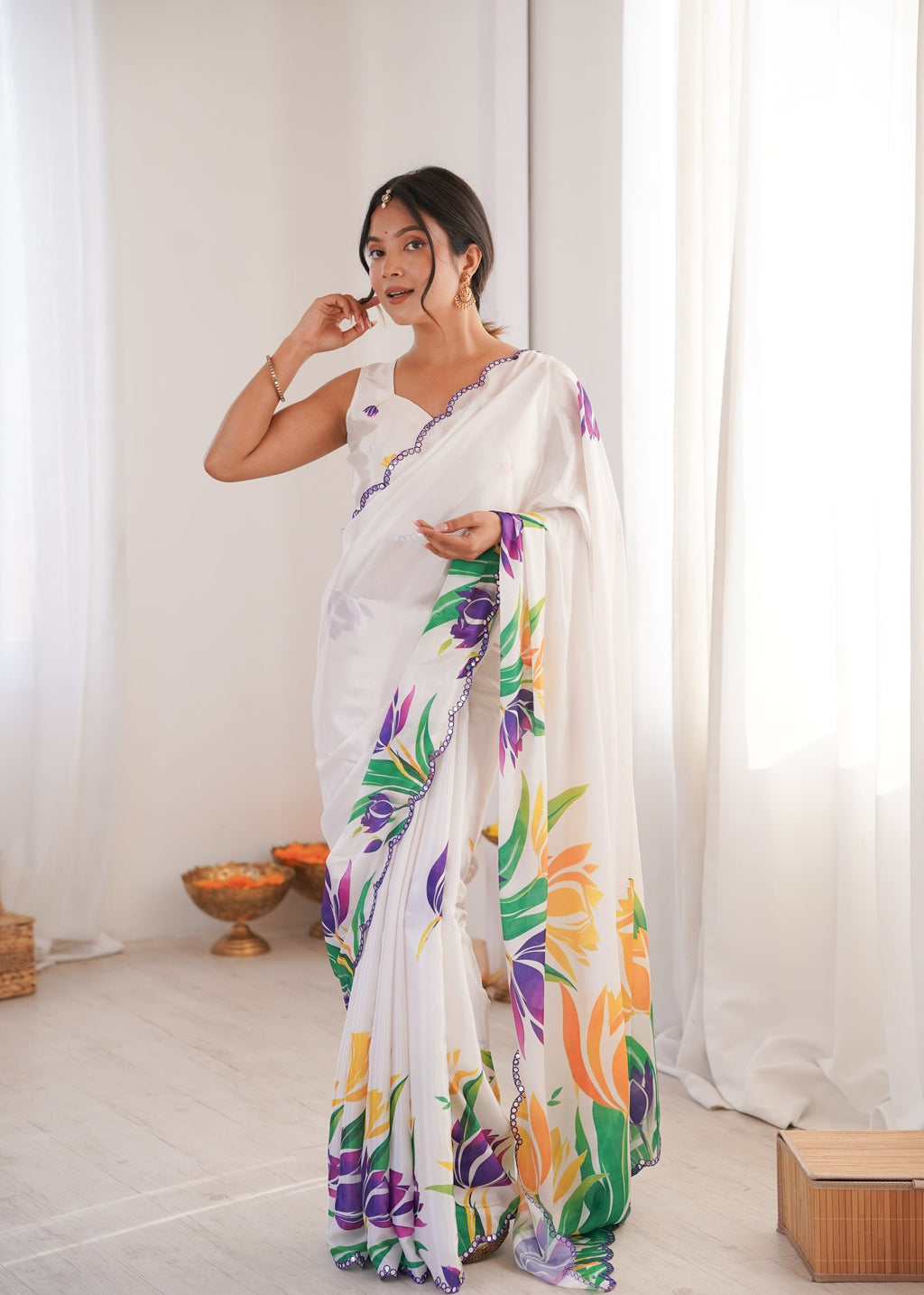 Jyoti Fashion Women's White Chinon Digital Printed Designer Saree with Blouse - Distacart