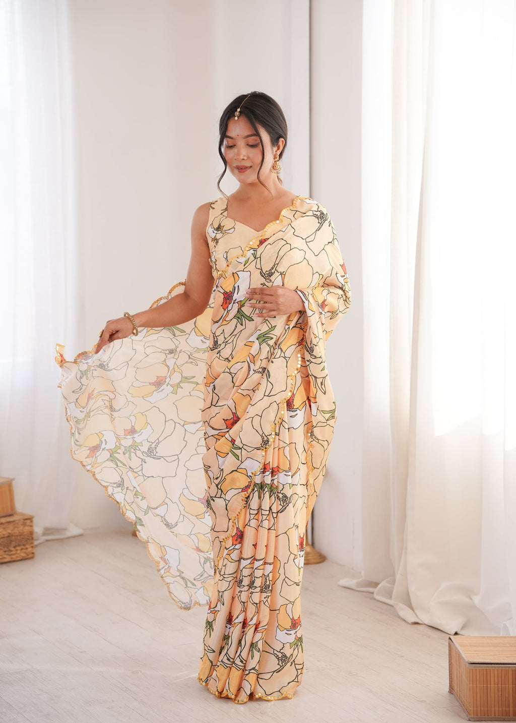 Jyoti Fashion Women's Cream Chinon Digital Printed Designer Saree with Blouse - Distacart