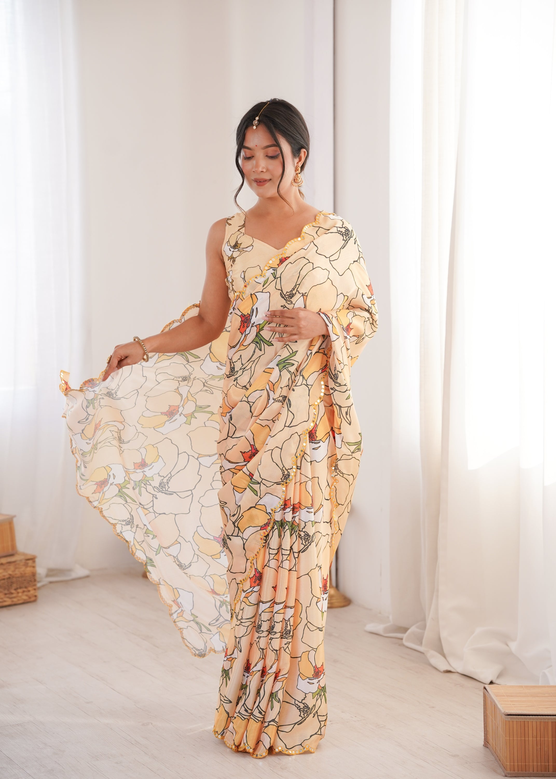 Jyoti Fashion Women's Cream Chinon Digital Printed Designer Saree with Blouse - Distacart