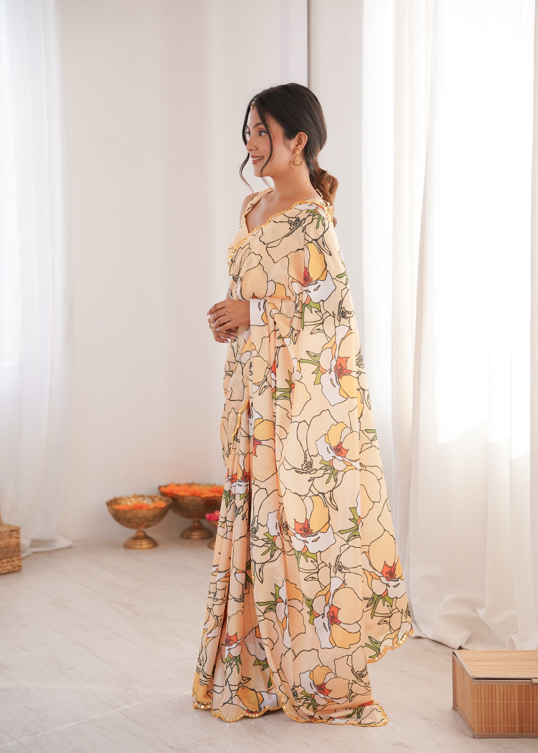 Jyoti Fashion Women's Cream Chinon Digital Printed Designer Saree with Blouse - Distacart